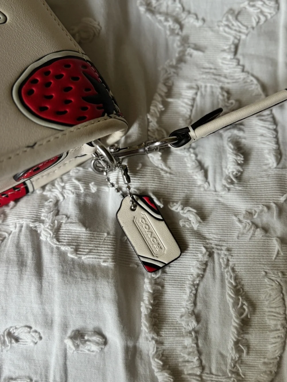 Coach Cream Leather Crossbody with Red Strawberry Print
